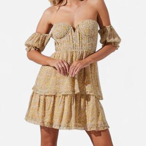 ASTR The Label Yellow Floral Off-Shoulder Mini Dress XS | Coquette Romantic NEW
